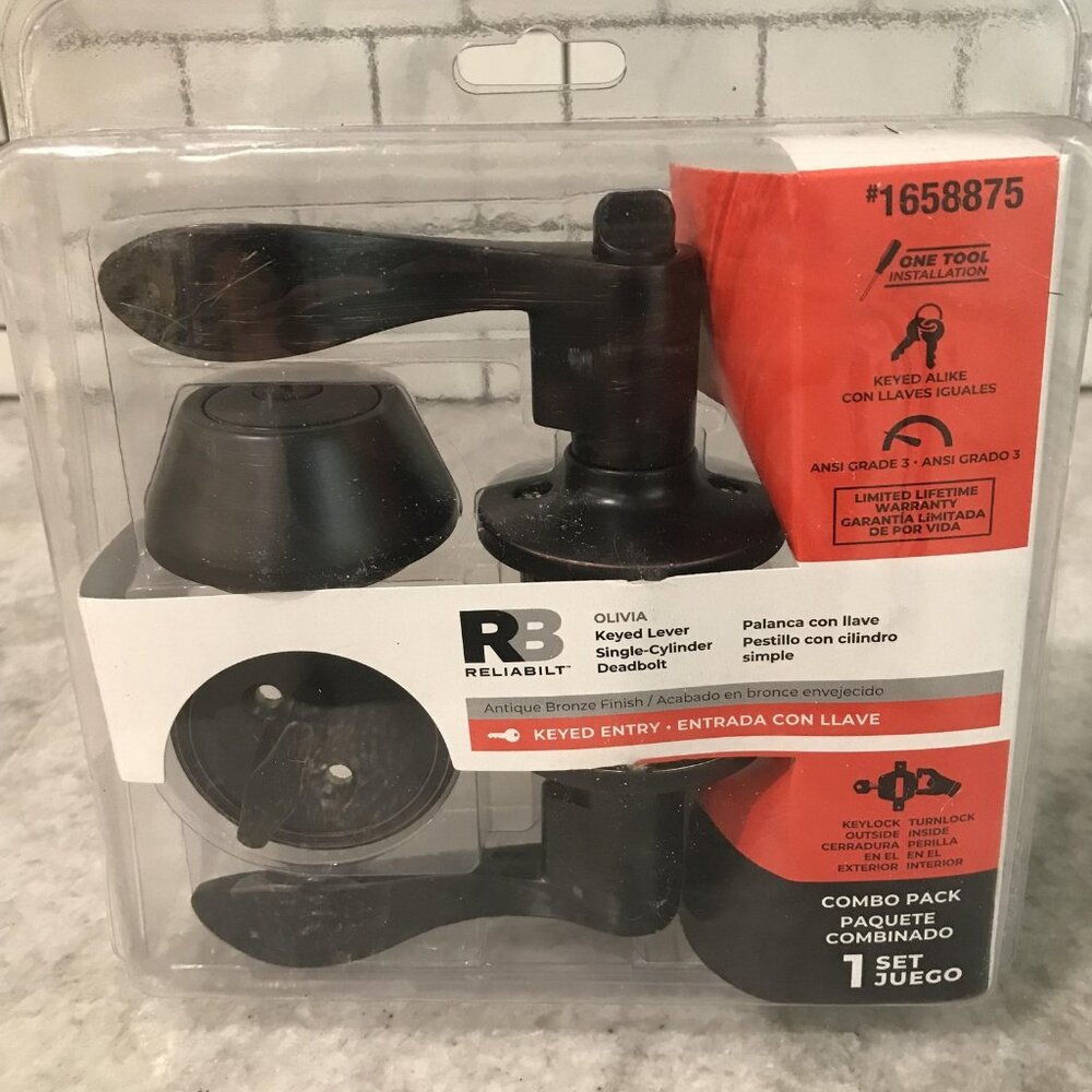 RELIABILT Door Knob Keyed Entry Lever Deadbolt Combo Antique Bronze Keyed Alike